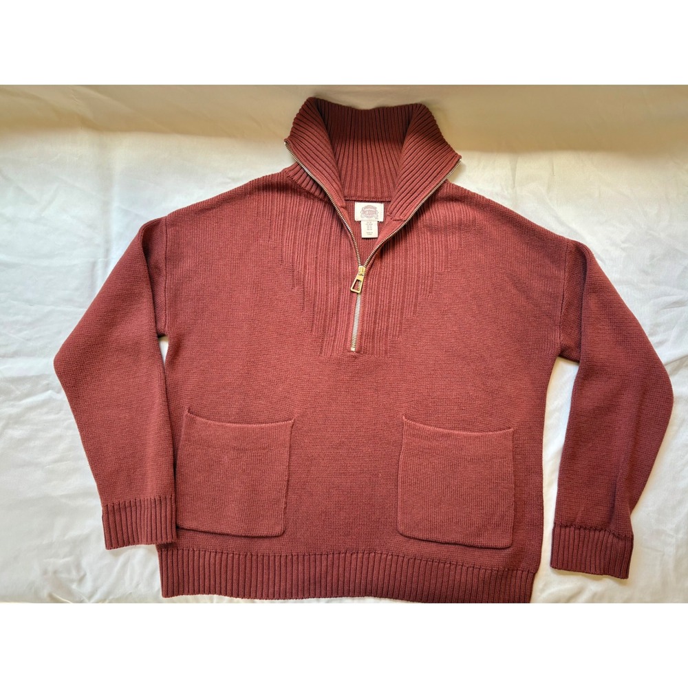 Cambridge Dry Goods Rust Red Quarter Zip Cotton Blend Sweater Ribbed Pockets M